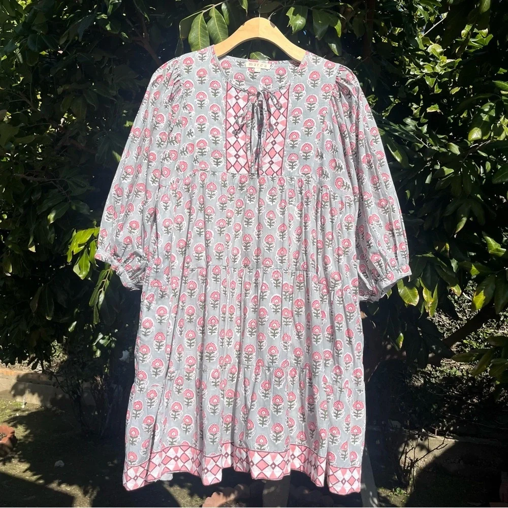 MAREA green pink floral border print cotton puff sleeve tiered mini dress - Picture 1 of 9
